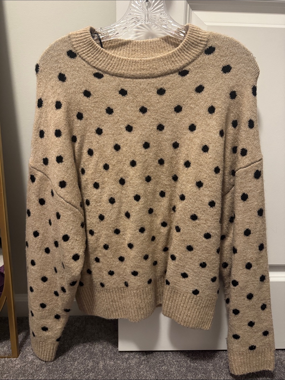 H&M Beige Crewneck Sweater with Black Polka Dots